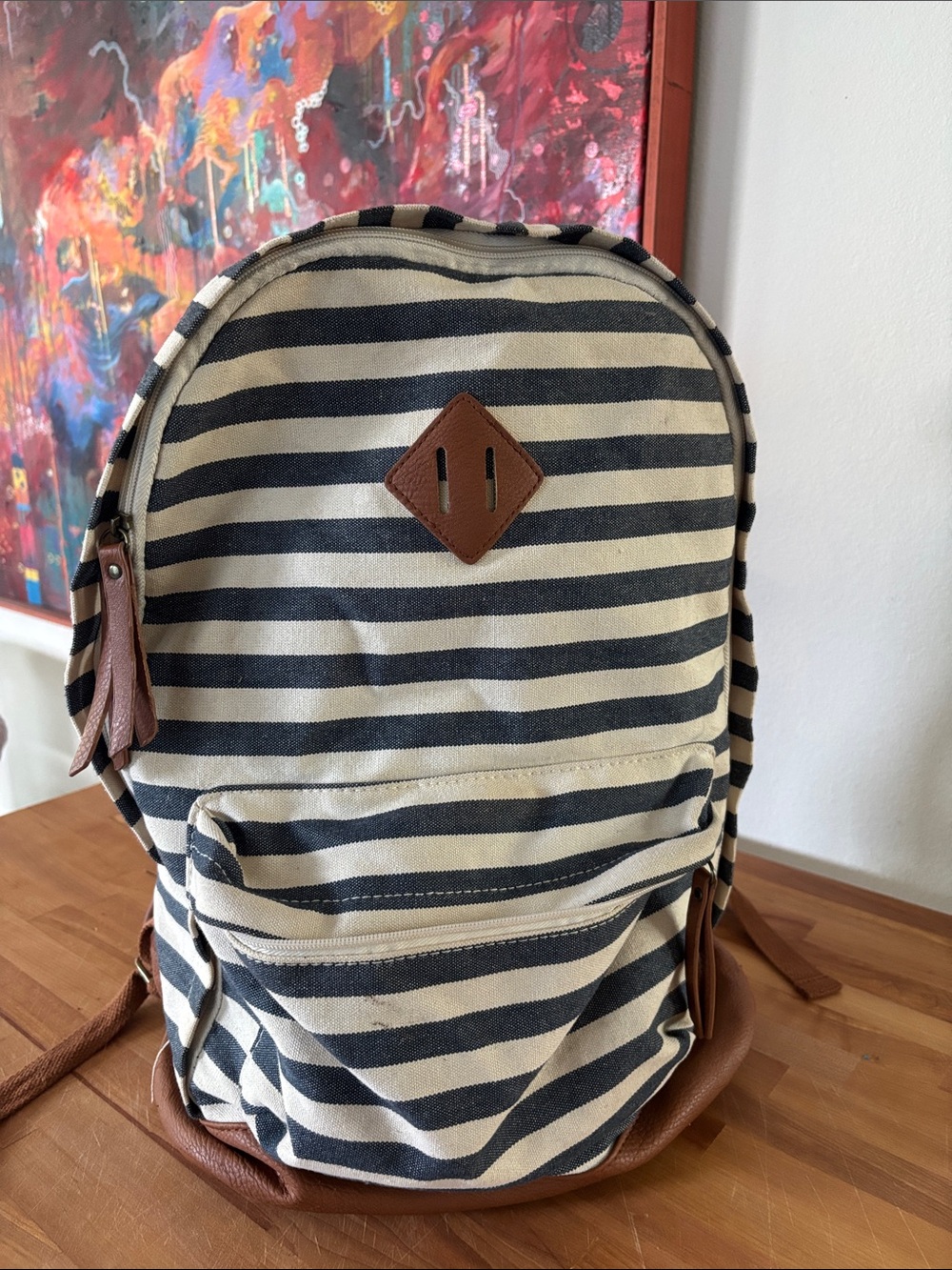 Striped Canvas Backpack with Brown Trim - Classic Men's Bag